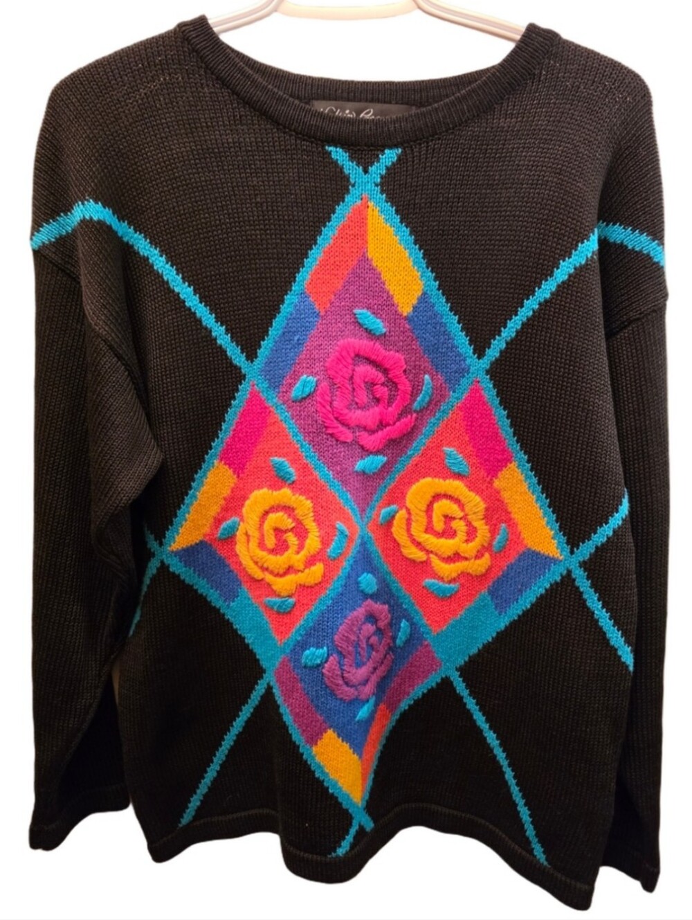 Vintage 90s Neon Floral Argyle Sweater Work in Progress Ramie Cotton L/XL